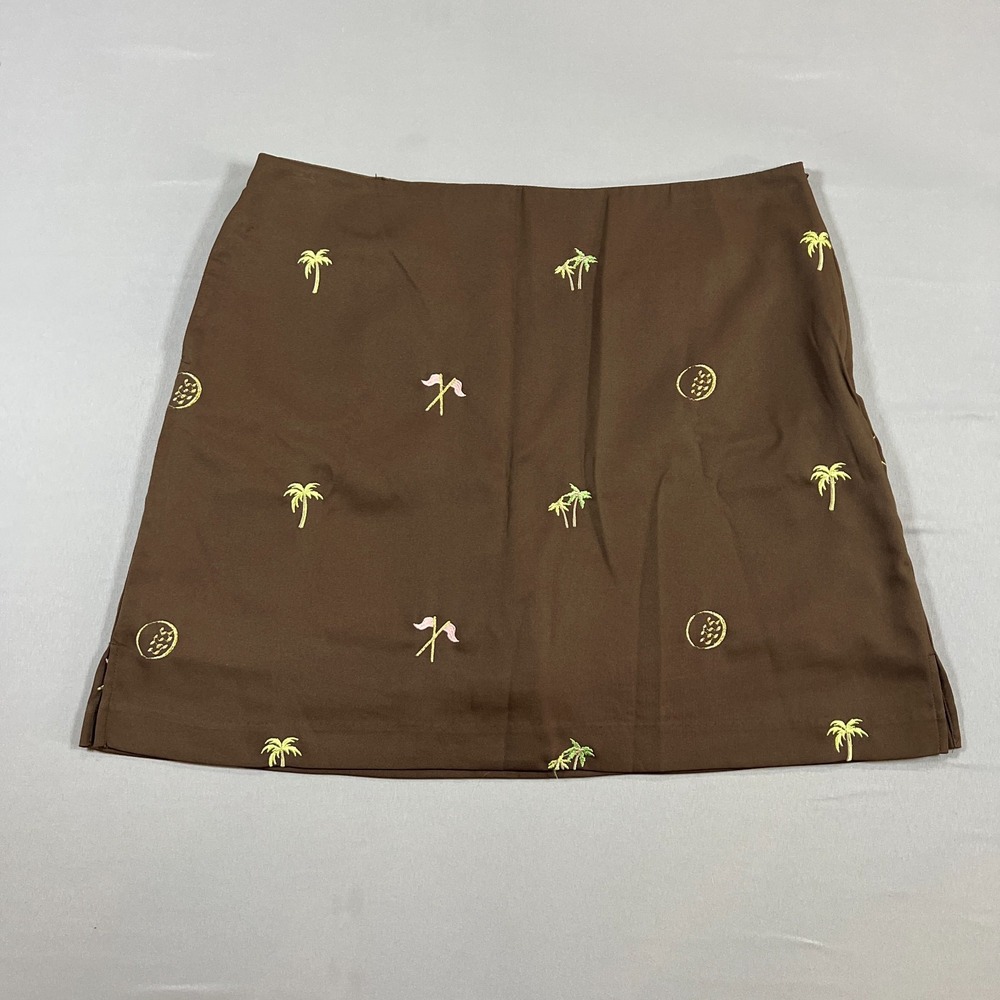 Coral Bay Golf Skort Womens 34 Brown Tropical Embroidered High Waisted Side Zip